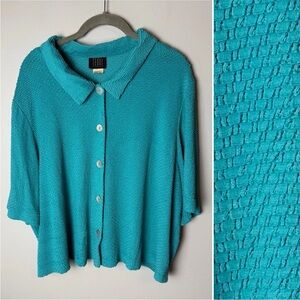 Teddi Women's Top Plus Size 20W Short Sleeves Textured Button Up Turquoise